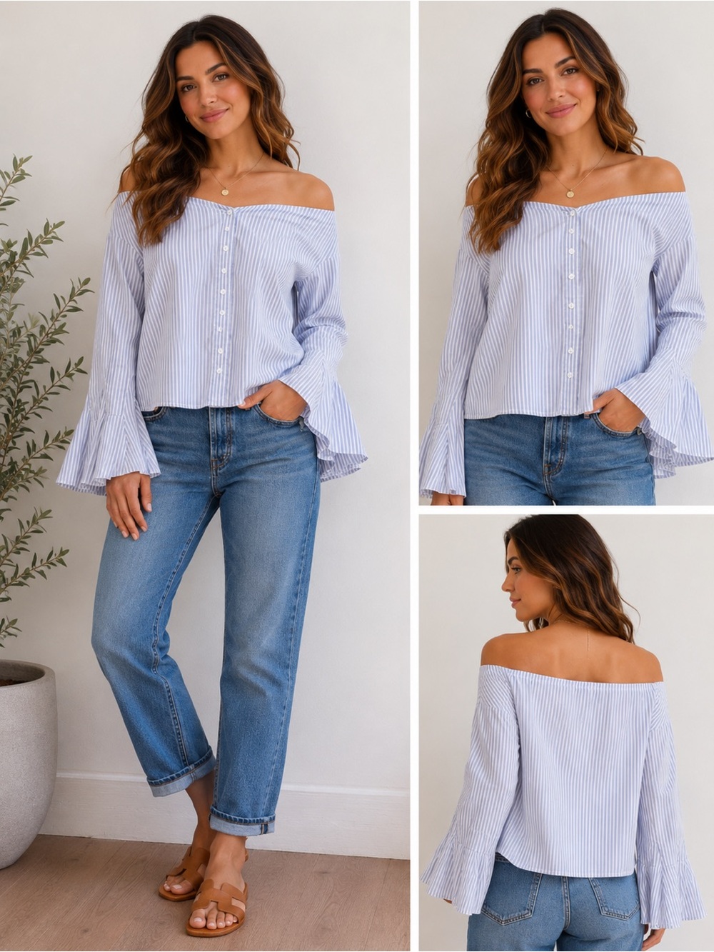 NWT Free People Striped Off-Shoulder Bell Sleeve Top